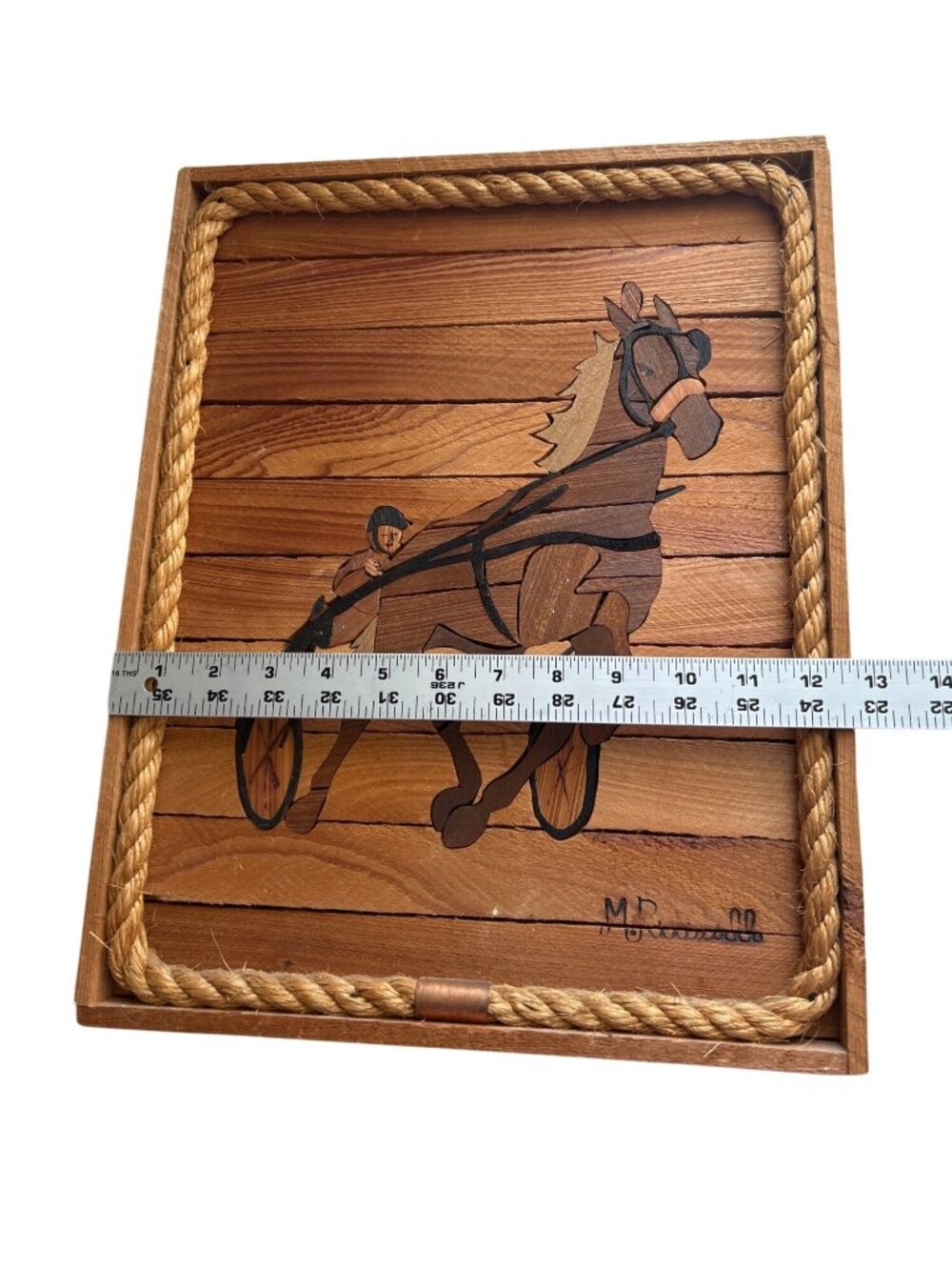 Horse Racing Wooden Inlay Wall Art Rope Frame Signed M.Russell Rustic Decor - Picture 5 of 8